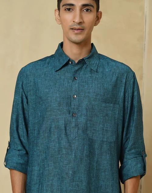 Blue Linen Yoke Detail Pathani Kurta With Cuff