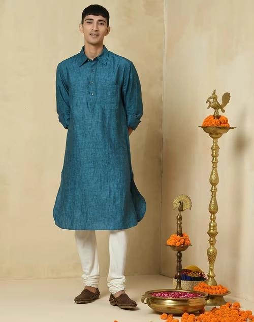 Blue Linen Yoke Detail Pathani Kurta With Cuff 3 Blue Linen Yoke Detail Pathani Kurta With Cuff