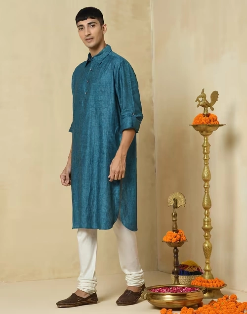 Blue Linen Yoke Detail Pathani Kurta With Cuff 4 Blue Linen Yoke Detail Pathani Kurta With Cuff