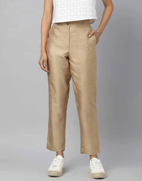 Beige Viscose Silk Slim Fit Formal Kosi Pant