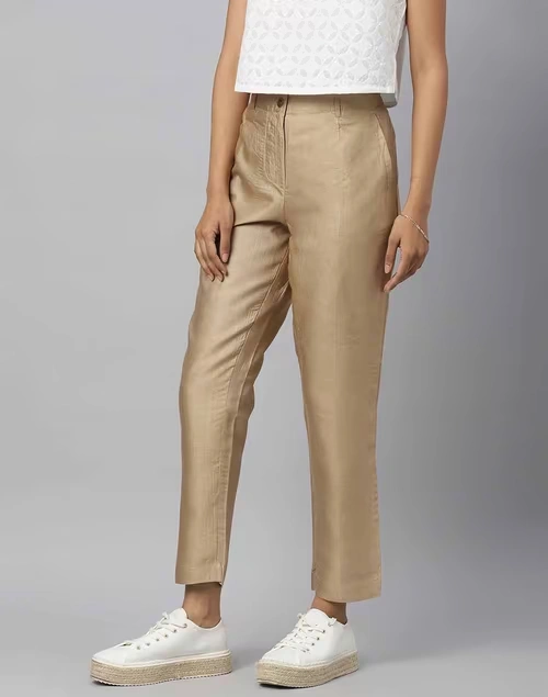 Beige Viscose Silk Slim Fit Formal Kosi Pant