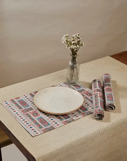 Cerise Cotton Block Print Table Mat Set Of 6