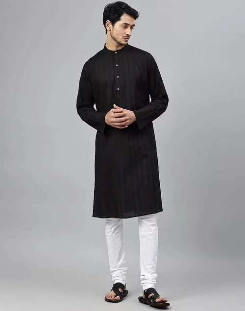 Black Cotton Slim Fit Long Kurta With Pintucks
