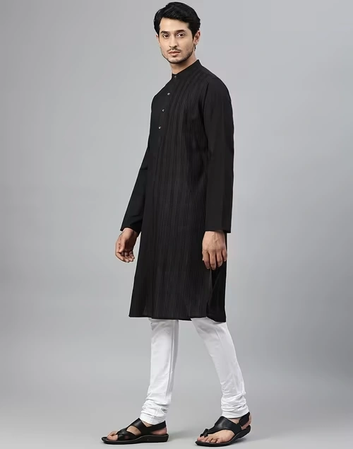 Black Cotton Slim Fit Long Kurta With Pintucks