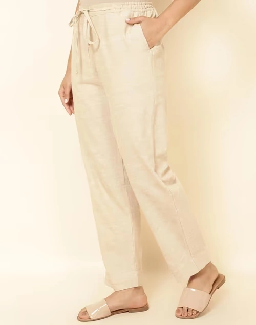 Beige Cotton Casual PJ Pant With Drawstring