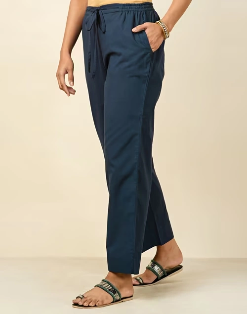 Blue Cotton Full Length Casual Pant