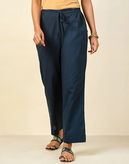 Blue Cotton Full Length Casual Pant