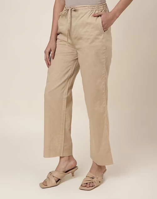 Beige Cotton Woven Ethnic Casual Pant