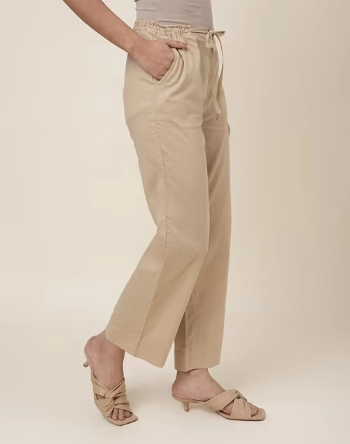Beige Cotton Woven Ethnic Casual Pant