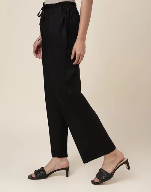 Black Cotton Full Length Casual Pant