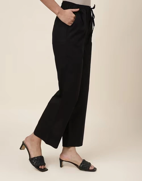 Black Cotton Full Length Casual Pant