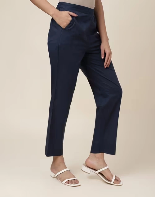 Blue Cotton Ankle Length Casual Tapered Pant