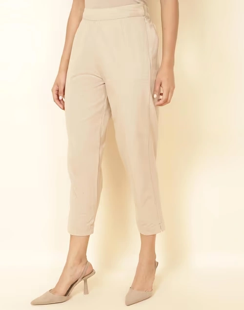 Beige Cotton Slim Fit Casual Cropped Pant