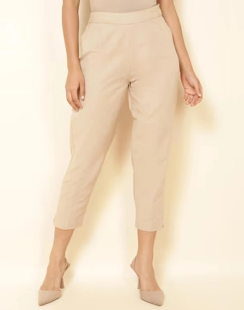 Beige Cotton Slim Fit Casual Cropped Pant