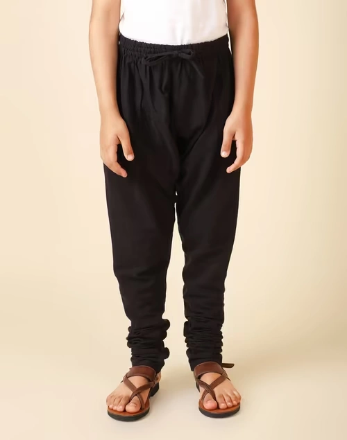Black Cotton Churidar With Elasticated Waistband & Drawstring