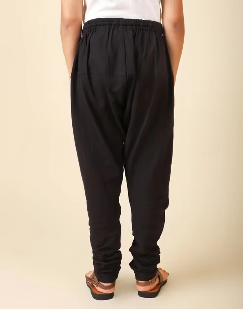 Black Cotton Churidar With Elasticated Waistband & Drawstring