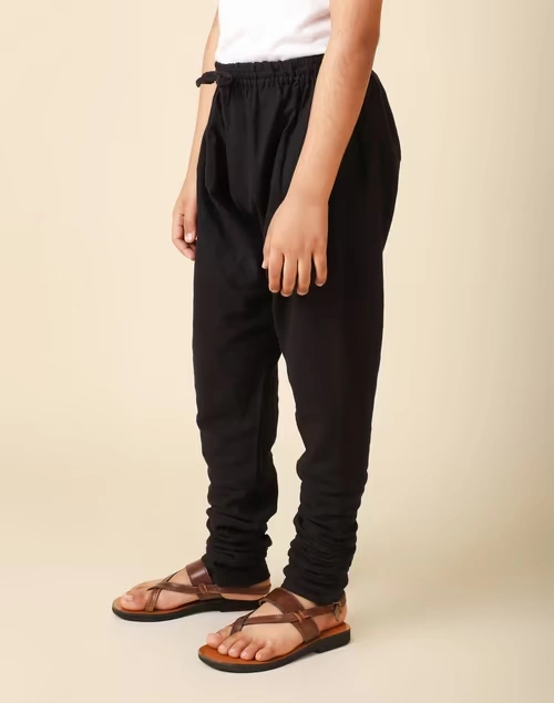 Black Cotton Churidar With Elasticated Waistband & Drawstring
