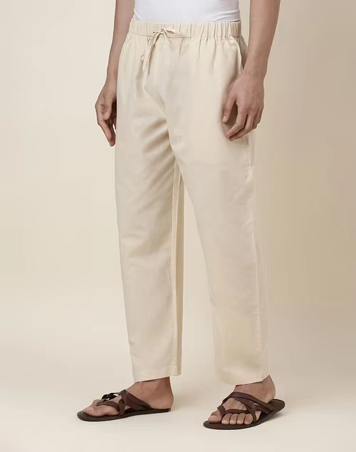 Beige Cotton Straight Leg Pyjama with Elasticated waist
