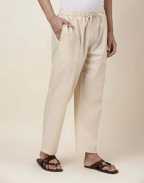 Beige Cotton Straight Leg Pyjama with Elasticated waist