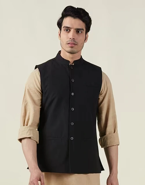 Black Cotton Firdaus Nehru Jacket