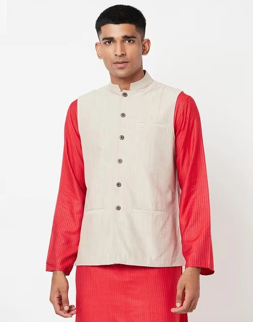 Beige Cotton Firdaus Nehru Jacket