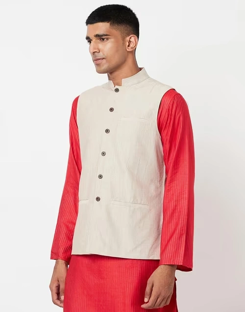 Beige Cotton Firdaus Nehru Jacket