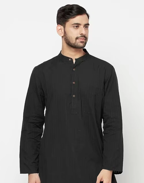 Black Cotton Jamaal Stripe Comfort Fit Kurta Long