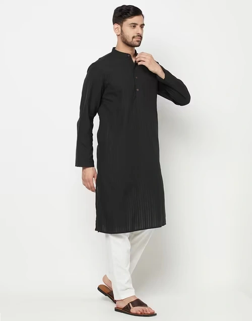 Black Cotton Jamaal Stripe Comfort Fit Kurta Long