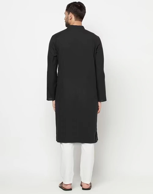 Black Cotton Jamaal Stripe Comfort Fit Kurta Long