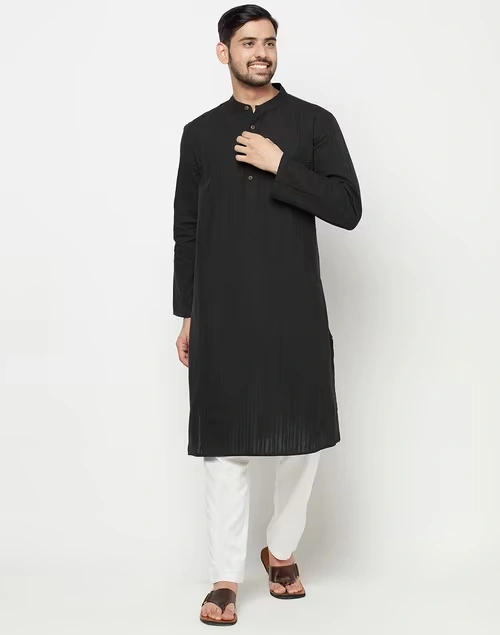 Black Cotton Jamaal Stripe Comfort Fit Kurta Long