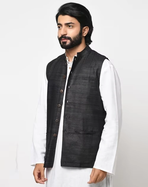 Black Silk Nehru Jacket