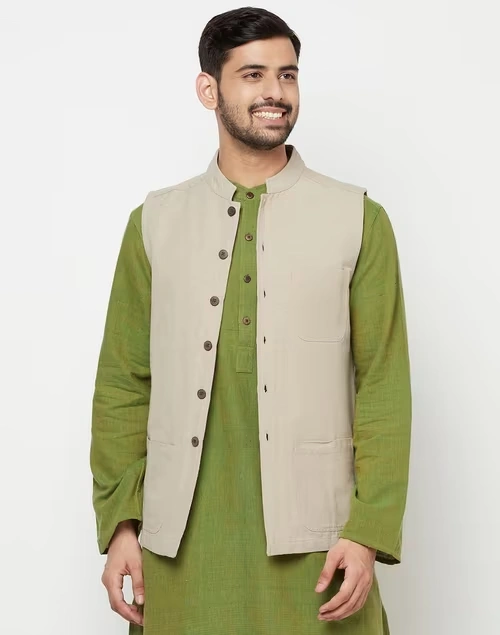 Beige Cotton Bhagalpur Nehru Jacket