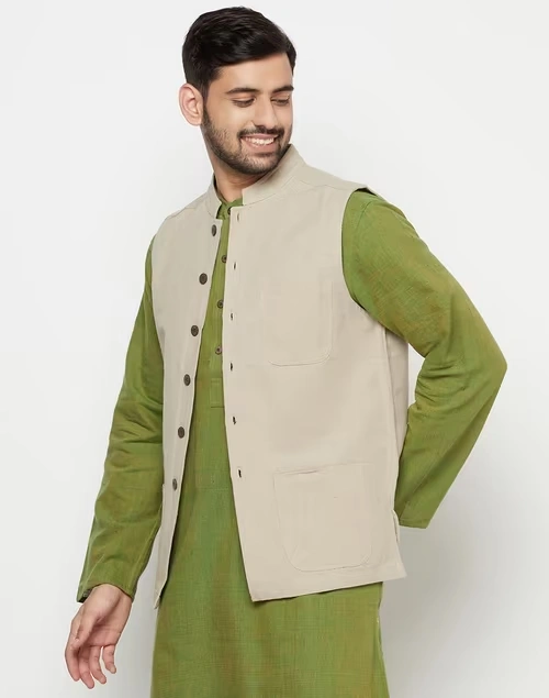 Beige Cotton Bhagalpur Nehru Jacket