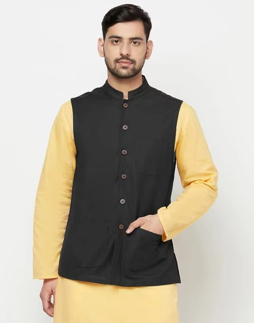 Black Cotton Bhagalpur Nehru Jacket