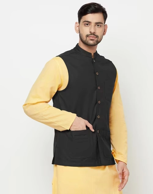 Black Cotton Bhagalpur Nehru Jacket
