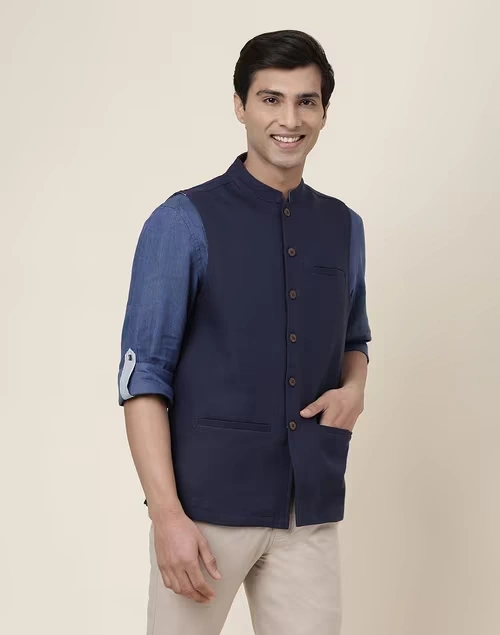 Blue Linen Nehru Jacket