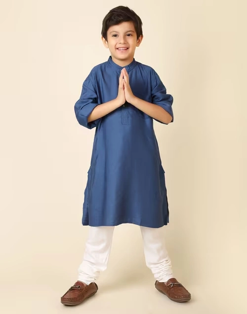 Blue Viscose Silk Chinese Collar Long Kurta