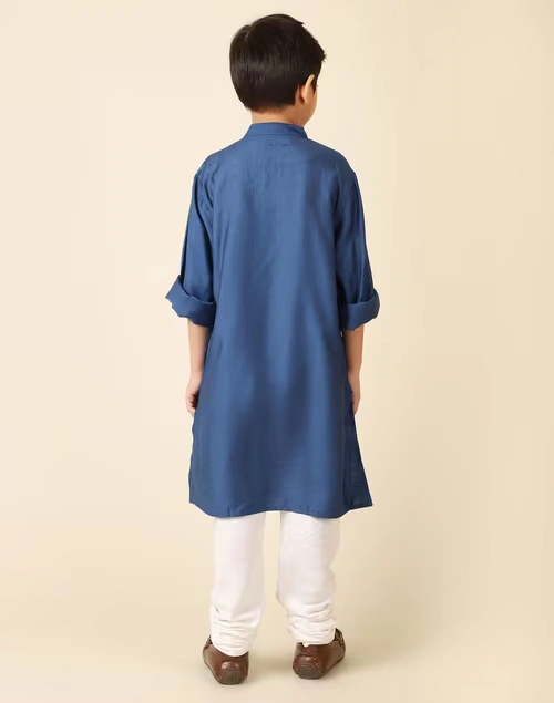 Blue Viscose Silk Chinese Collar Long Kurta