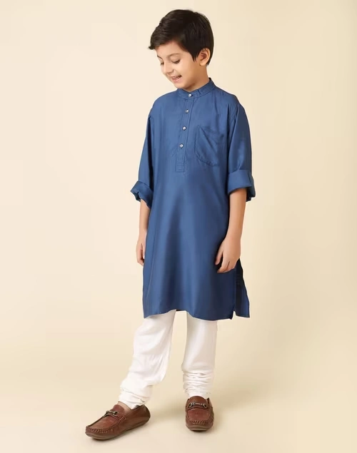 Blue Viscose Silk Chinese Collar Long Kurta