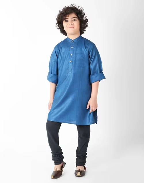 Blue Silk Chinese Collar Long Kurta