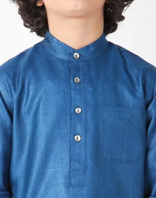 Blue Silk Chinese Collar Long Kurta