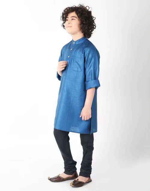 Blue Silk Chinese Collar Long Kurta 4 Blue Silk Chinese Collar Long Kurta