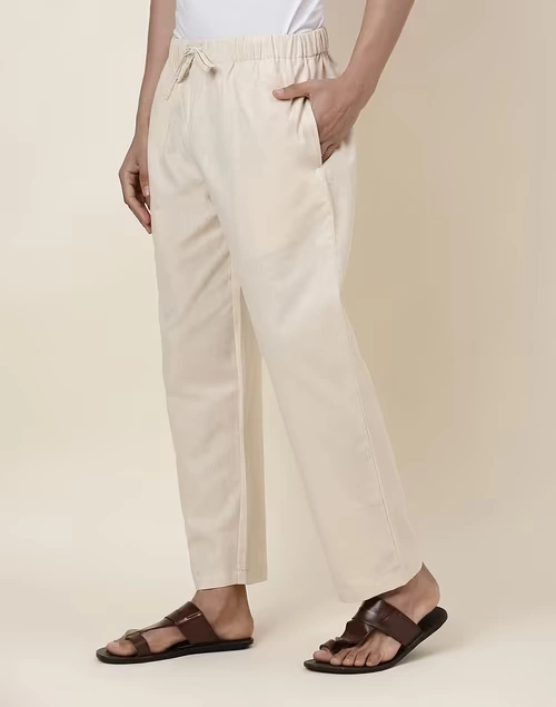 Beige Cotton Straight Leg Pyjama with Elasticated waist