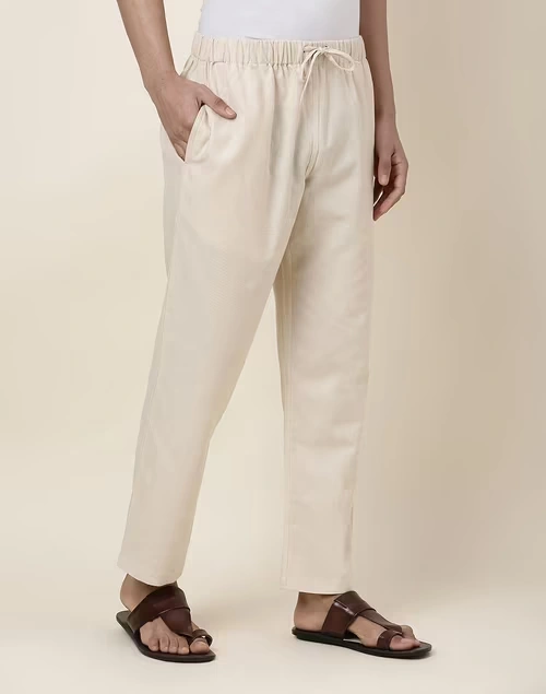 Beige Cotton Straight Leg Pyjama with Elasticated waist
