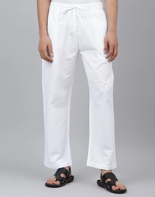 White Cotton Straight Leg Pyjama with Elasticated waist