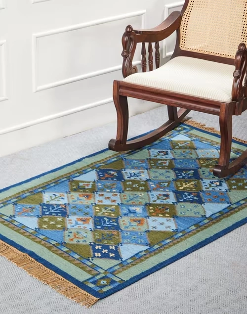 Blue Kabir Woollen Cotton Woven Dhurrie