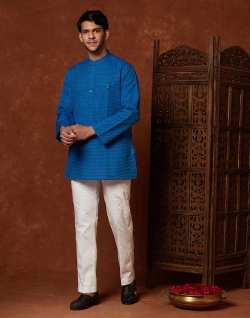 Blue Linen Blend Hand Block Printed Short Kurta