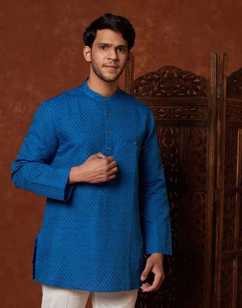 Blue Linen Blend Hand Block Printed Short Kurta