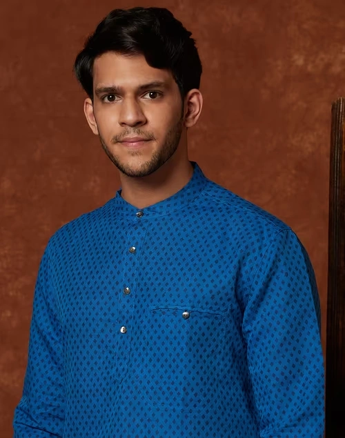 Blue Linen Blend Hand Block Printed Short Kurta