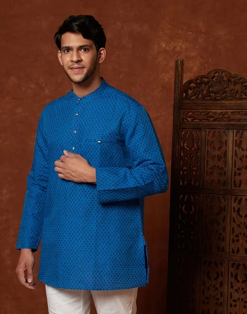 Blue Linen Blend Hand Block Printed Short Kurta